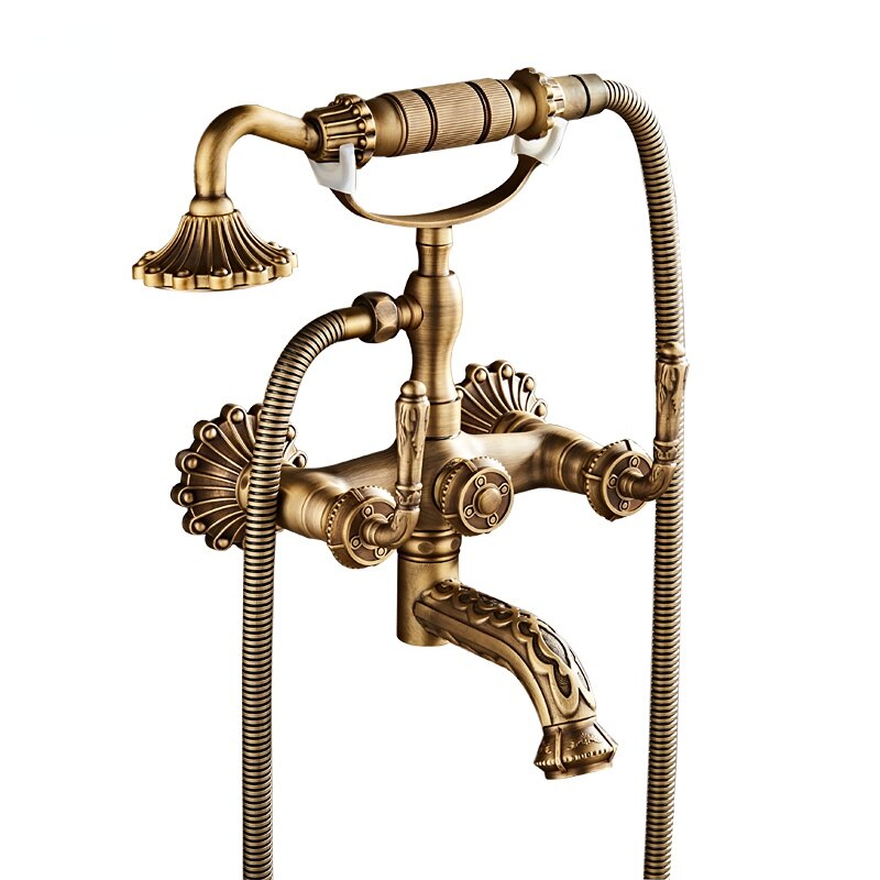 Antique Brass Bathtub Shower Faucets Set Wall Mounted Bath Shower Set Swivel Tub Spout Bath Shower Dual Control Carved Mixer Tap