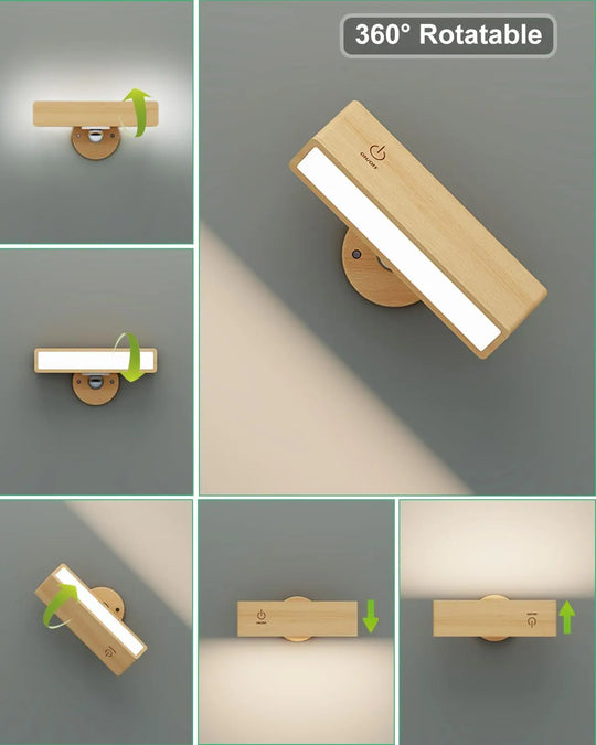 Nordic Wooden Wall Lamp 360° Rotating Magnetic Reading Light