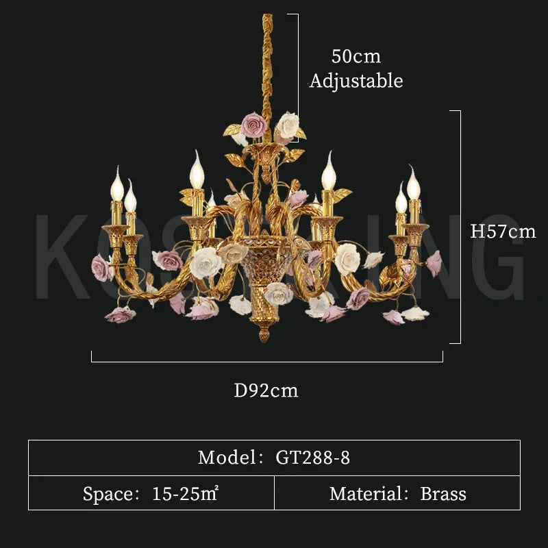 French Full Brass Ceramic Chandelier – European Vintage Luxury Pendant