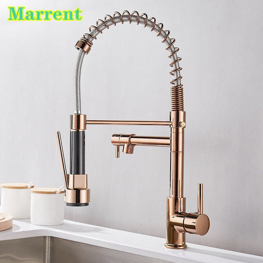 Pull Down Spring Kitchen Faucets Rose Gold Hot Cold Kitchen Sink Mixer Tap Deck Mounted Brass Black Kitchen Spring Faucet Taps