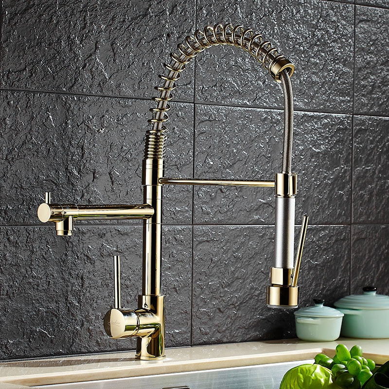 Pull Down Spring Kitchen Faucets Rose Gold Hot Cold Kitchen Sink Mixer Tap Deck Mounted Brass Black Kitchen Spring Faucet Taps