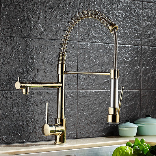 Pull Down Spring Kitchen Faucets Rose Gold Hot Cold Kitchen Sink Mixer Tap Deck Mounted Brass Black Kitchen Spring Faucet Taps