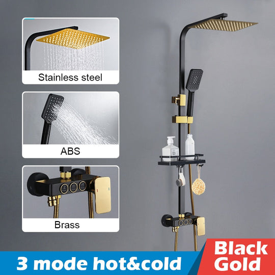 Bathroom Shower Set Black Gold Rain Shower Faucet Thermostatic Digital Display Shower Mixer Taps Copper Shower Systems for Bath