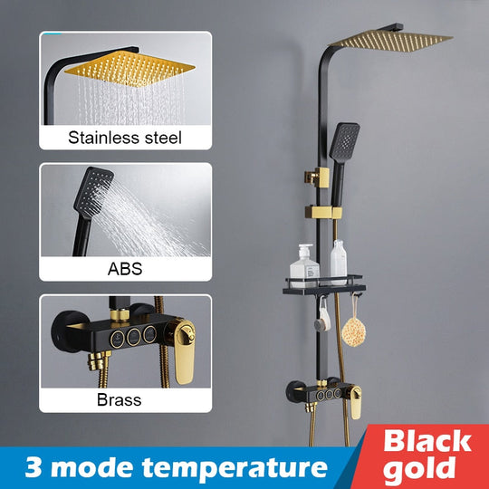 Bathroom Shower Set Black Gold Rain Shower Faucet Thermostatic Digital Display Shower Mixer Taps Copper Shower Systems for Bath