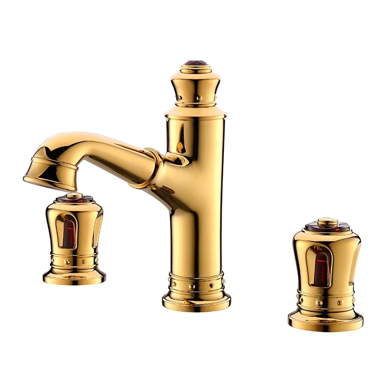 Pull Out Bathroom Sink Faucets Basin Faucet Mixer Gold Brass 3 Holes Double Handle Bathbasin Bathtub Tap Hot And Cold Water Taps