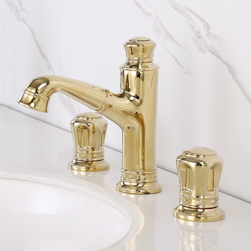 Pull Out Bathroom Sink Faucets Basin Faucet Mixer Gold Brass 3 Holes Double Handle Bathbasin Bathtub Tap Hot And Cold Water Taps