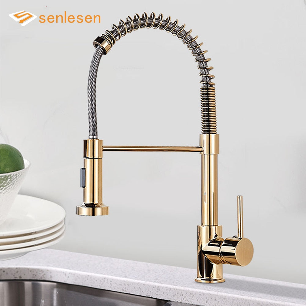 Golden Kitchen Spring Faucet Brass Deck Mount 360 Degree Rotate Stream &amp; Sprayer Nozzle Hot Cold Mixer Vanity Sink Tap