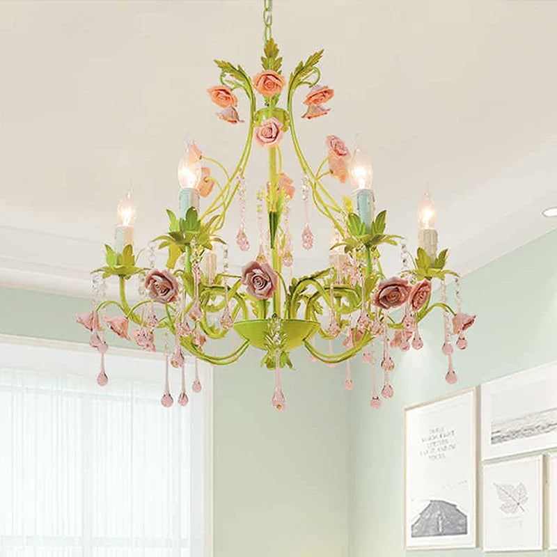Green Country-Style Ceramic Rose Chandelier – French LED Crystal Pendant Light