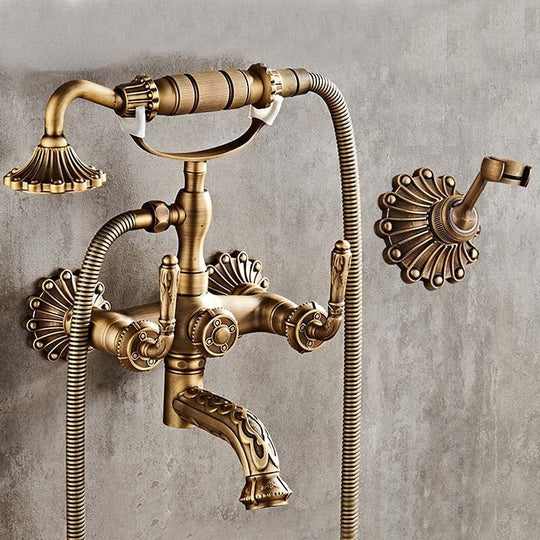 Antique Brass Bathtub Shower Faucets Set Wall Mounted Bath Shower Set Swivel Tub Spout Bath Shower Dual Control Carved Mixer Tap