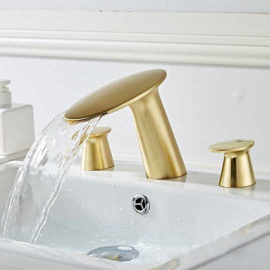 Basin Mixer Waterfll Faucet Bathroom Sink Faucets Brushed Gold Brass 3 Holes Double Handle Bathbasin Tap Hot And Cold Water Taps