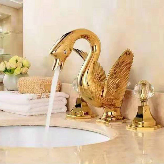 Basin Faucet Widespread Hot and Cold Swan Sink Faucet Crystal Handle Gold Solid Brass Basin Mixer