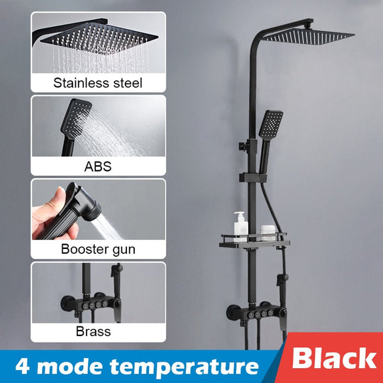 Bathroom Shower Set Black Gold Rain Shower Faucet Thermostatic Digital Display Shower Mixer Taps Copper Shower Systems for Bath