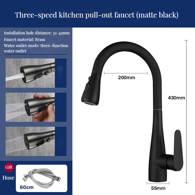 Brass Kitchen Faucets Pull Out Spout Kitchen Mixer Taps Hot Cold Water Accessories Deck Mounted Stream Sprayer Head Black