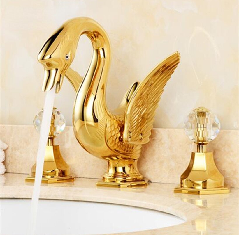 Basin Faucet Widespread Hot and Cold Swan Sink Faucet Crystal Handle Gold Solid Brass Basin Mixer