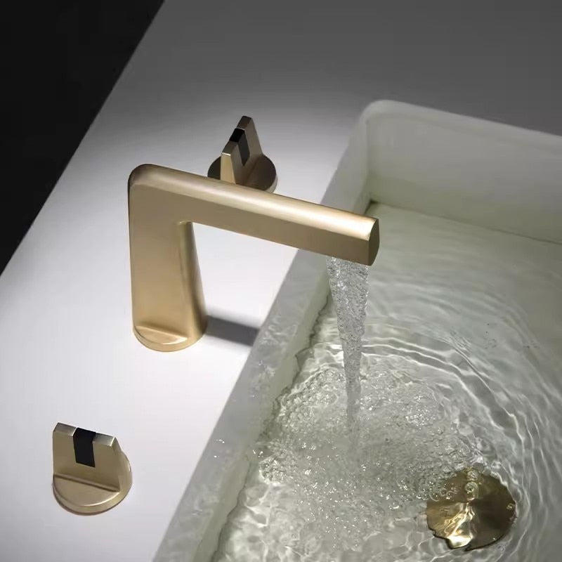 Brushed Gold Basin Faucet Total Brass Black Bathroom Faucet Gray Sink Faucets 3 Hole Hot And Cold Waterfall Faucet Water Tap