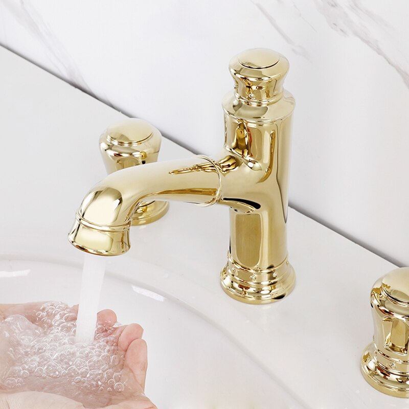 Pull Out Bathroom Sink Faucets Basin Faucet Mixer Gold Brass 3 Holes Double Handle Bathbasin Bathtub Tap Hot And Cold Water Taps