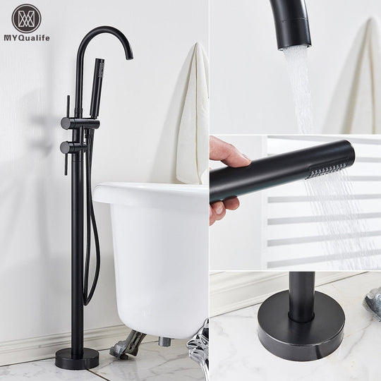 Floor Mounted Chrome Bath Tub Faucet Clawfoot Free Standing Bath Mixer Tap with Handshower Single Lever Bathtub Faucet