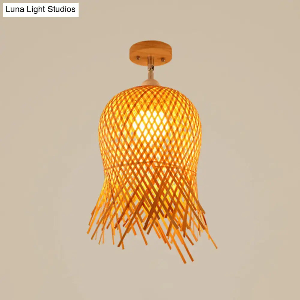 Sleek Asian Bamboo Geometric Semi Flush Mount Ceiling Light with Wood Finish