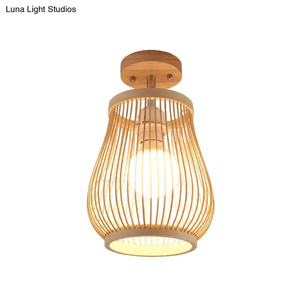 Sleek Asian Bamboo Geometric Semi Flush Mount Ceiling Light with Wood Finish