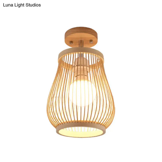 Sleek Asian Bamboo Geometric Semi Flush Mount Ceiling Light with Wood Finish