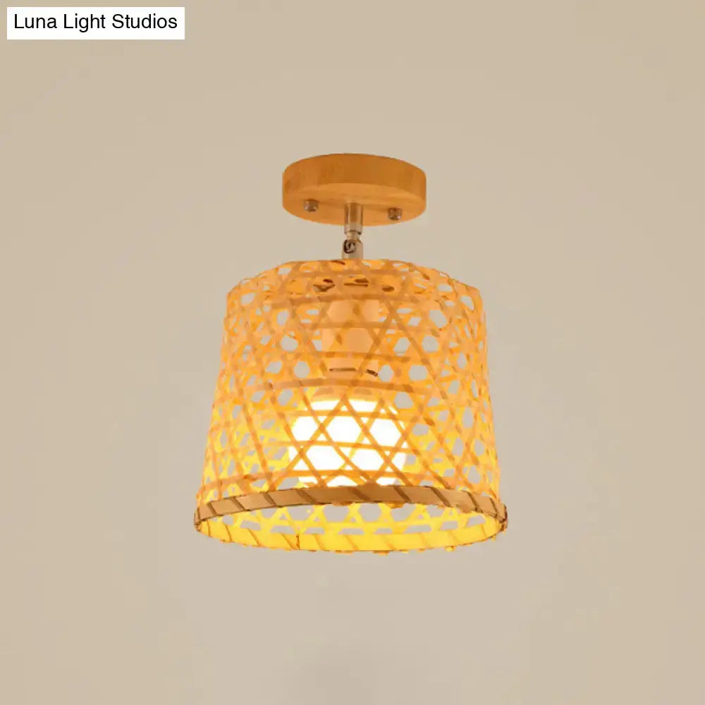 Sleek Asian Bamboo Geometric Semi Flush Mount Ceiling Light with Wood Finish