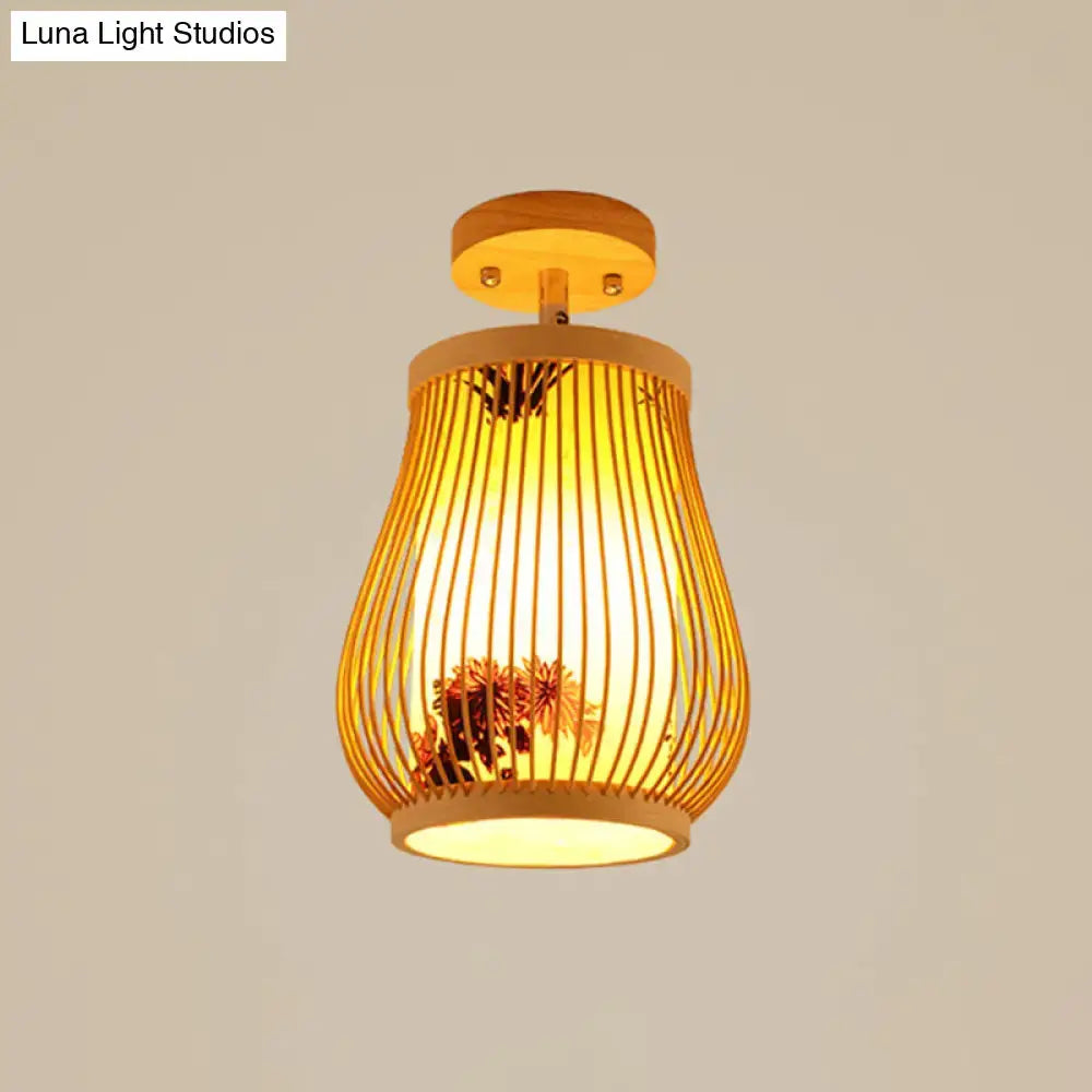 Sleek Asian Bamboo Geometric Semi Flush Mount Ceiling Light with Wood Finish