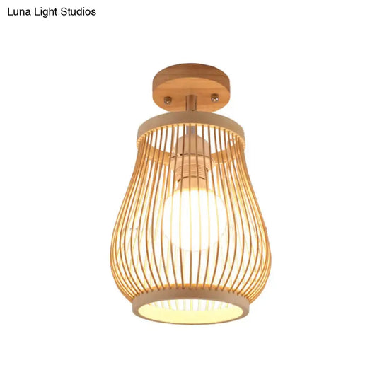 Sleek Asian Bamboo Geometric Semi Flush Mount Ceiling Light with Wood Finish