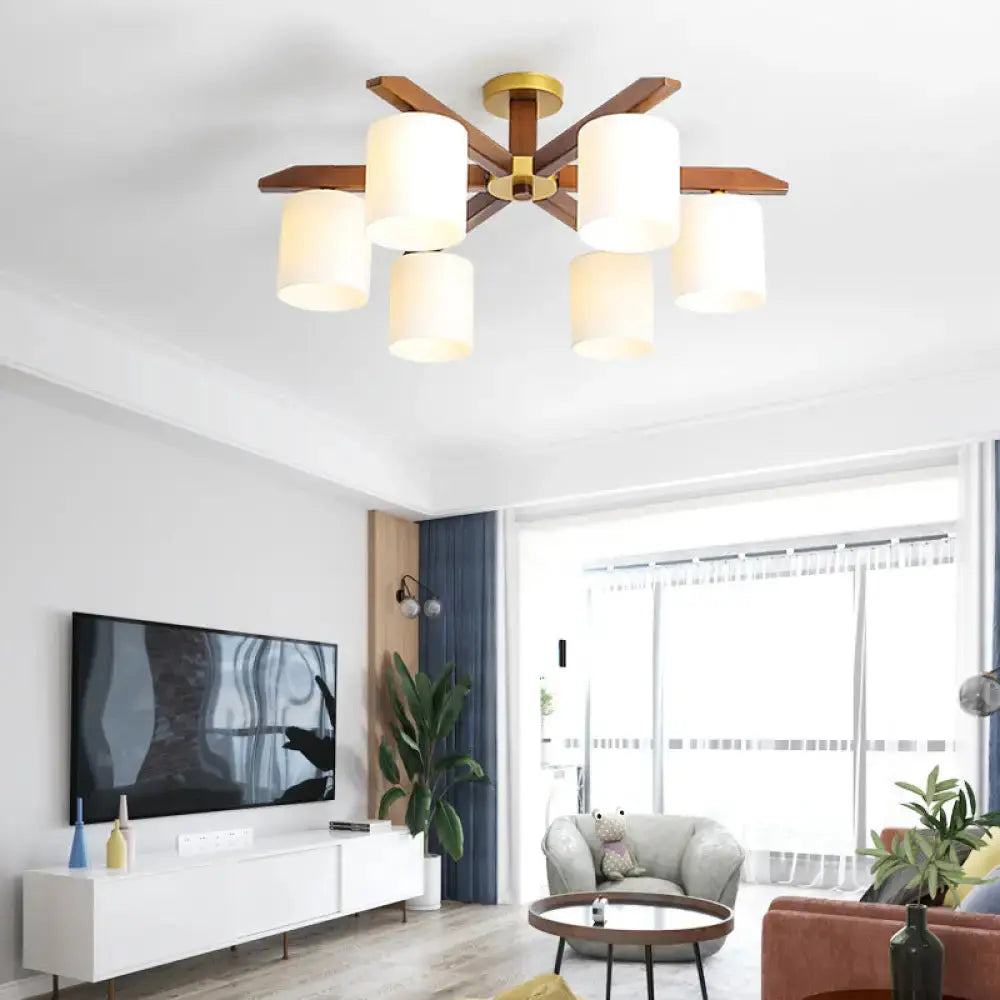 Sleek Beige Semi Mount Light Fixture with Cylinder Cream Glass Shade and Wooden Canopy