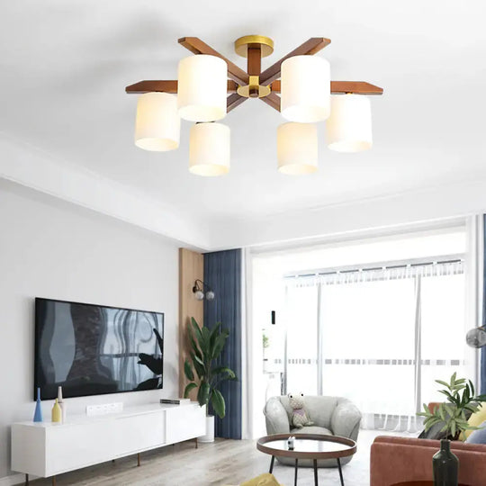 Sleek Beige Semi Mount Light Fixture with Cylinder Cream Glass Shade and Wooden Canopy