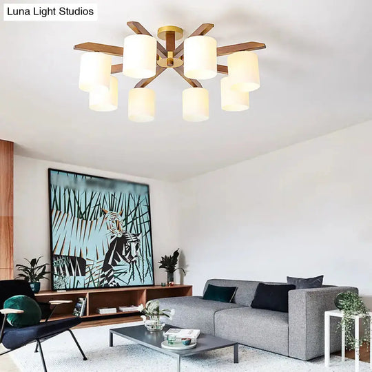 Sleek Beige Semi Mount Light Fixture with Cylinder Cream Glass Shade and Wooden Canopy