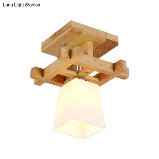 Nordic Style Trapezoidal Aisle Ceiling Lamp - Opal Glass 1-Light Semi Flush Mount with Warm/White Light and Wood Top