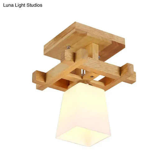 Nordic Style Trapezoidal Aisle Ceiling Lamp - Opal Glass 1-Light Semi Flush Mount with Warm/White Light and Wood Top