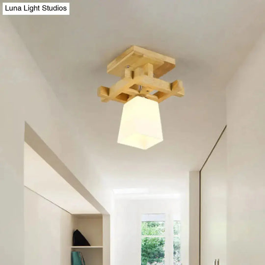 Nordic Style Trapezoidal Aisle Ceiling Lamp - Opal Glass 1-Light Semi Flush Mount with Warm/White Light and Wood Top