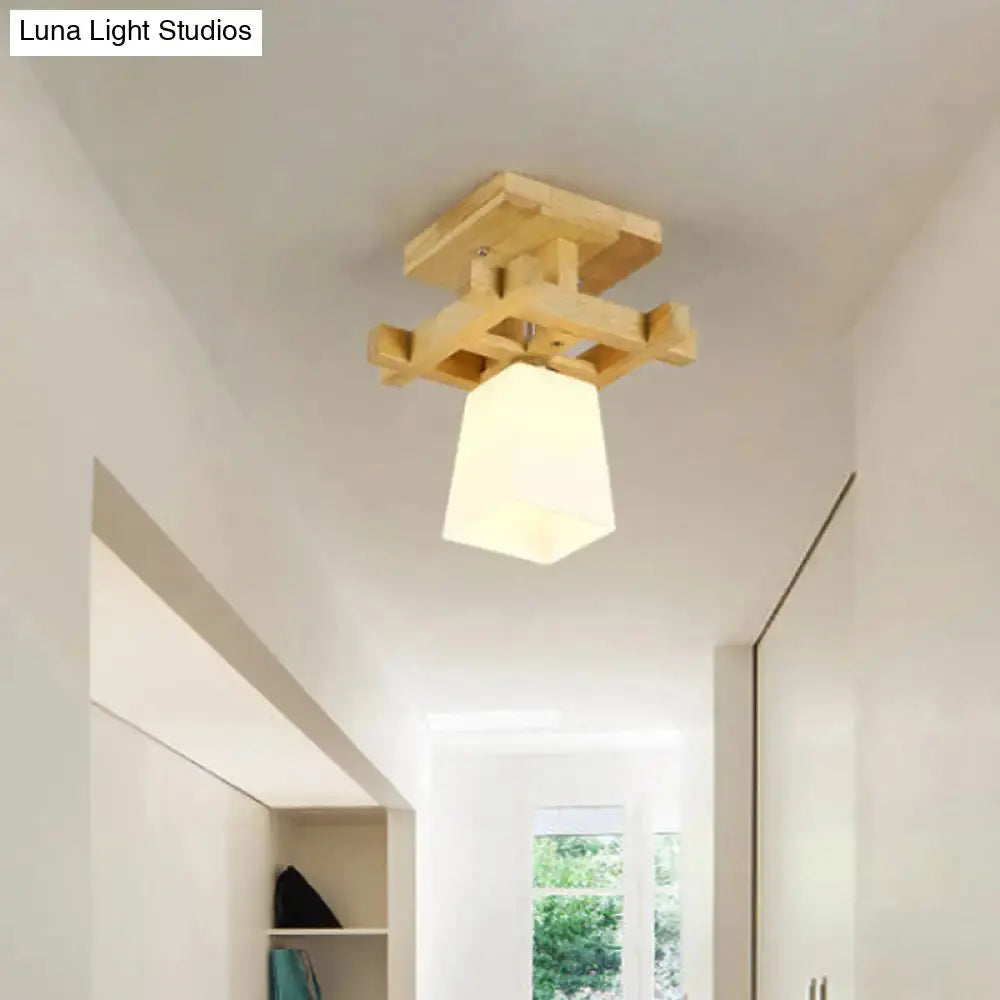 Nordic Style Trapezoidal Aisle Ceiling Lamp - Opal Glass 1-Light Semi Flush Mount with Warm/White Light and Wood Top