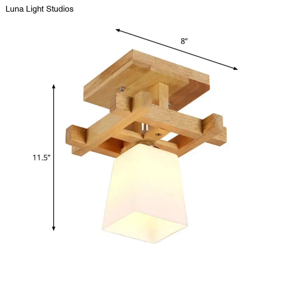 Nordic Style Trapezoidal Aisle Ceiling Lamp - Opal Glass 1-Light Semi Flush Mount with Warm/White Light and Wood Top