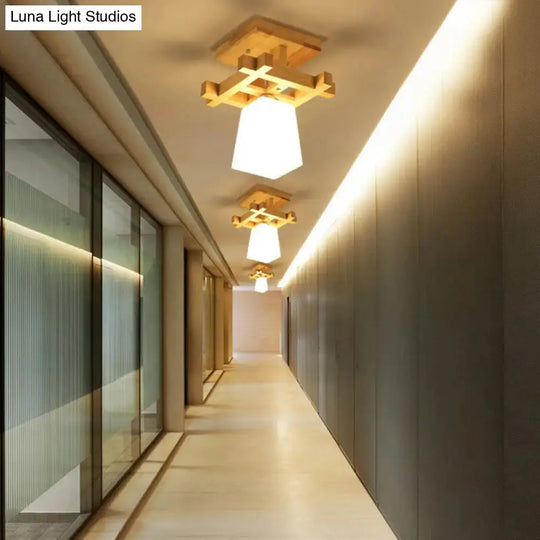 Nordic Style Trapezoidal Aisle Ceiling Lamp - Opal Glass 1-Light Semi Flush Mount with Warm/White Light and Wood Top