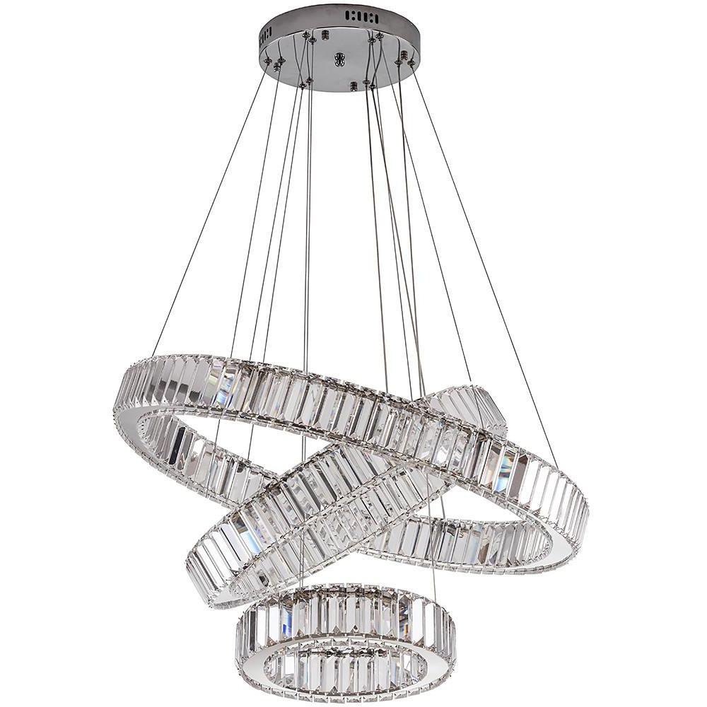 Chrome Crystal 3-Tier Ring LED Pendant Chandelier – Modern Luxury