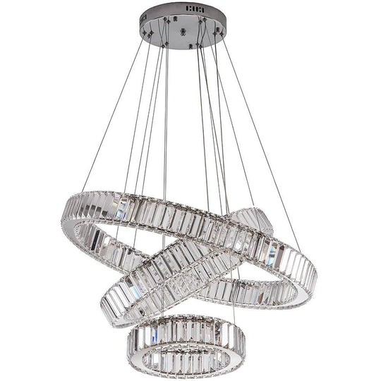 Chrome Crystal 3-Tier Ring LED Pendant Chandelier – Modern Luxury