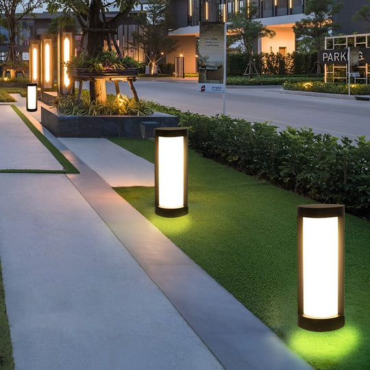 Black Cylindrical LED Pathway Bollard Lights Solar & Wired Outdoor