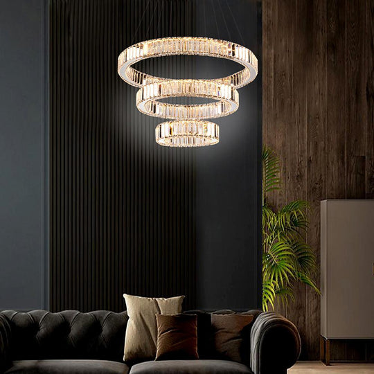 Chrome Crystal 3-Tier Ring LED Pendant Chandelier – Modern Luxury