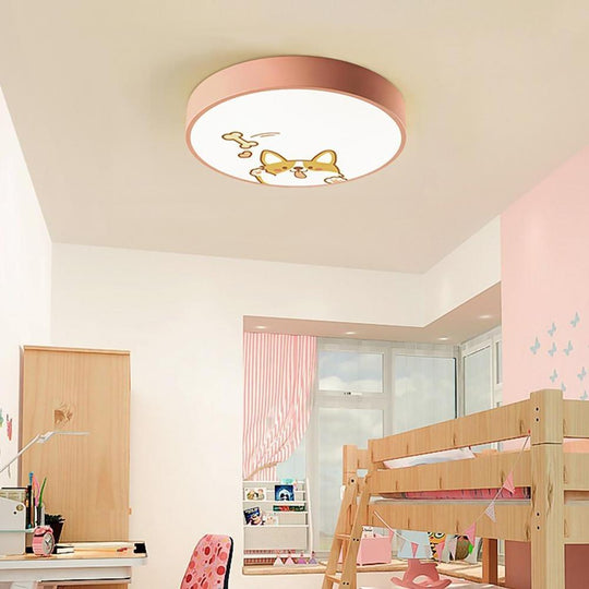 Circular Dog Image Flush Mount Drum LED Ceiling Light