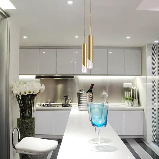 Elongated Slender Cylinder Modern Gold Crystal Column Pendant Light