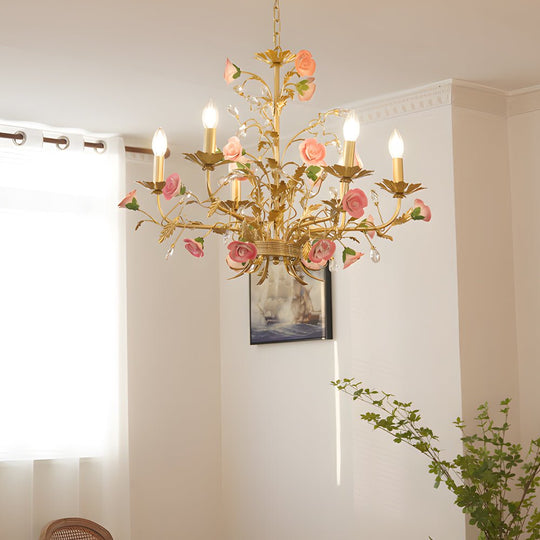 French Luxury Ceramic Pink Roses Chandelier – 6/8-Light Candlelight Elegance