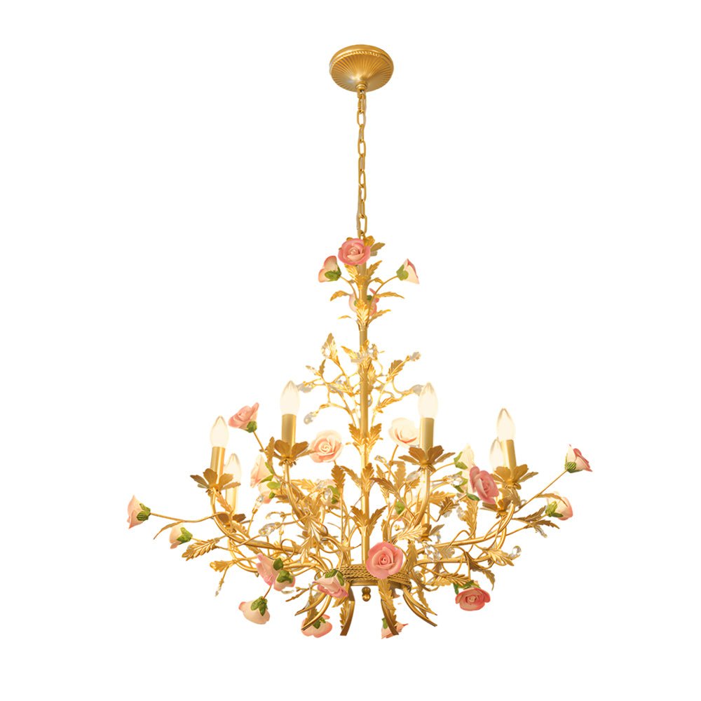 French Luxury Ceramic Pink Roses Chandelier – 6/8-Light Candlelight Elegance