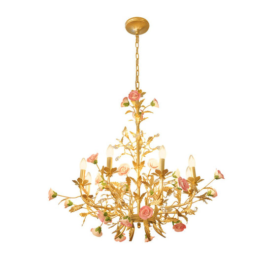 French Luxury Ceramic Pink Roses Chandelier – 6/8-Light Candlelight Elegance