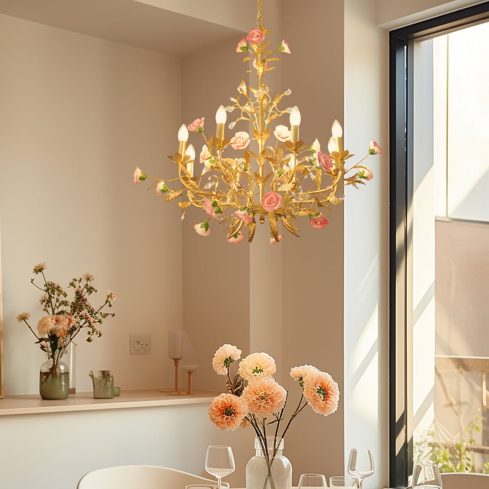French Luxury Ceramic Pink Roses Chandelier – 6/8-Light Candlelight Elegance