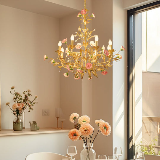 French Luxury Ceramic Pink Roses Chandelier – 6/8-Light Candlelight Elegance