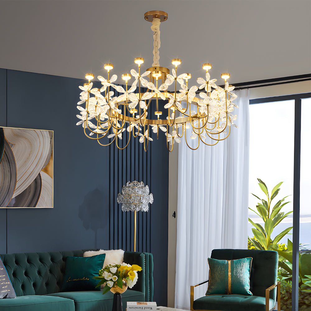 Golden Luxury 24-Light Crystal Flower Chandelier