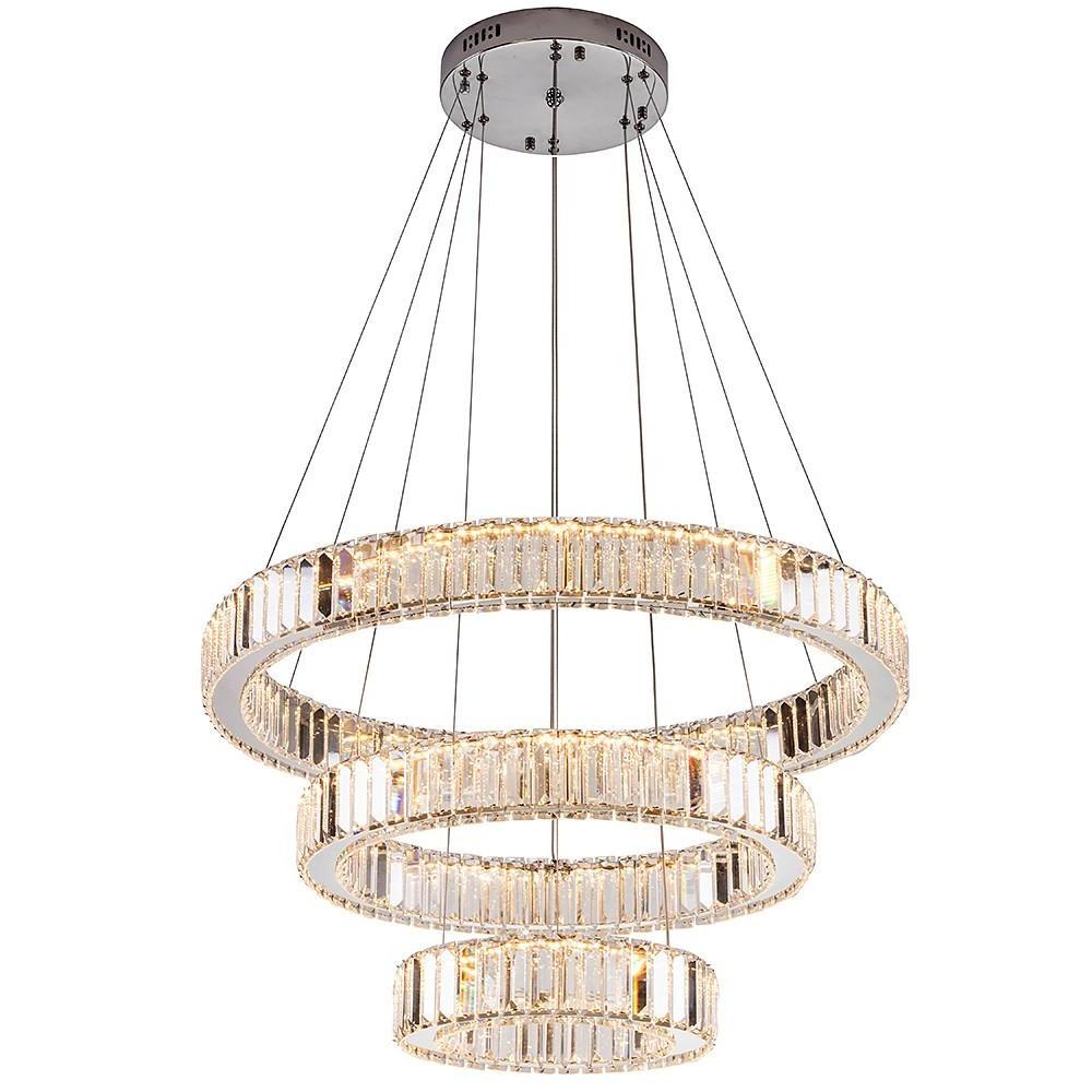 Chrome Crystal 3-Tier Ring LED Pendant Chandelier – Modern Luxury