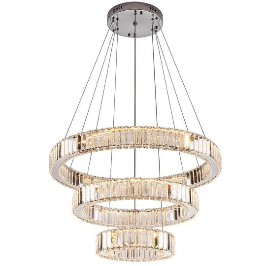 Chrome Crystal 3-Tier Ring LED Pendant Chandelier – Modern Luxury